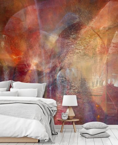 peinture murale abstraite personnalisable rouge et orange intitulée Threshold of the Velvet Sun par Annette Schmucker