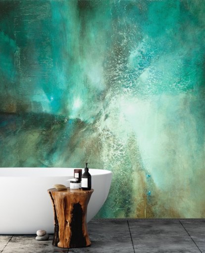 mural abstrato personalizável em azul-petróleo chamado Translucent Terrain, de Annette Schmucker, para banheiros, quartos e cozinhas