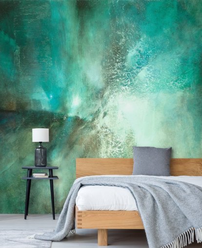 teal customisable abstract mural called Translucent Terrain by Annette Schmucker for bathrooms, bedrooms and kitchens