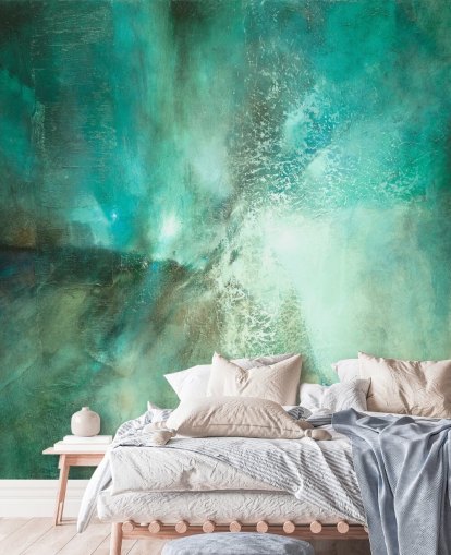 blauwgroen aanpasbare abstracte muurschildering genaamd Translucent Terrain van Annette Schmucker voor badkamers, slaapkamers en keukens