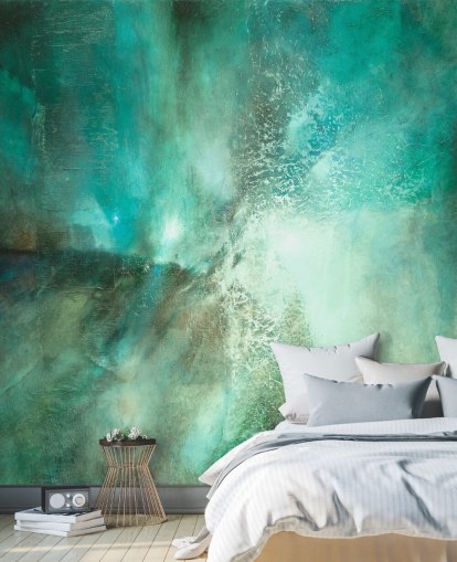 murale astratto personalizzabile color verde acqua chiamato Translucent Terrain di Annette Schmucker per bagni, camere da letto e cucine