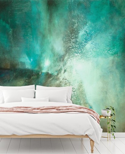 blauwgroen aanpasbare abstracte muurschildering genaamd Translucent Terrain van Annette Schmucker voor badkamers, slaapkamers en keukens