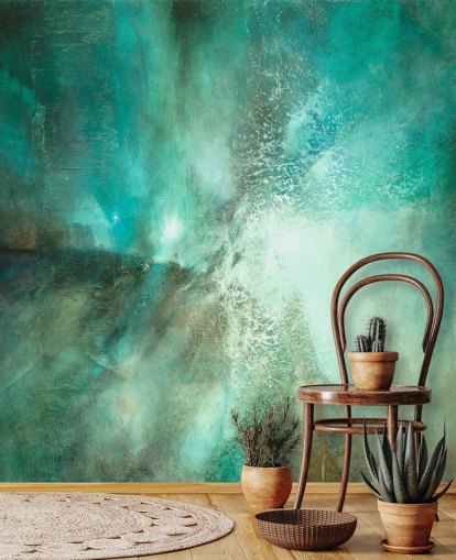 blågrønn tilpassbart abstrakt veggmaleri kalt Translucent Terrain av Annette Schmucker for bad, soverom og kjøkken