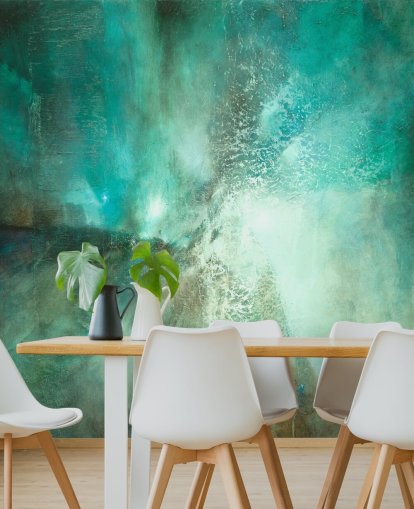 mural abstracto personalizable de color verde azulado llamado Translucent Terrain de Annette Schmucker para baños, dormitorios y cocinas