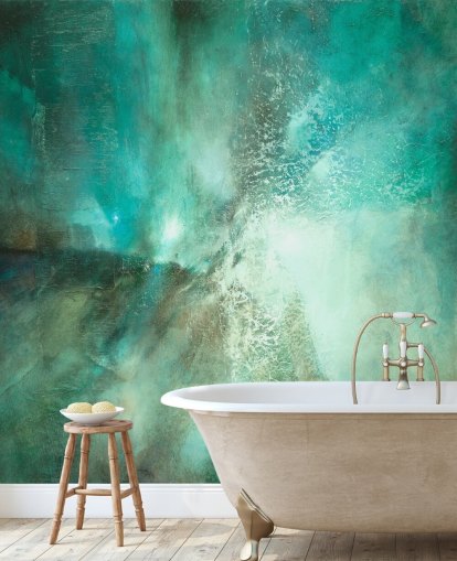 teal customisable abstract mural called Translucent Terrain by Annette Schmucker for bathrooms, bedrooms and kitchens