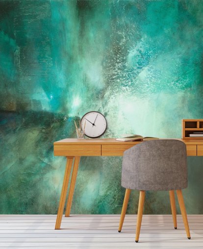 mural abstracto personalizable de color verde azulado llamado Translucent Terrain de Annette Schmucker para baños, dormitorios y cocinas