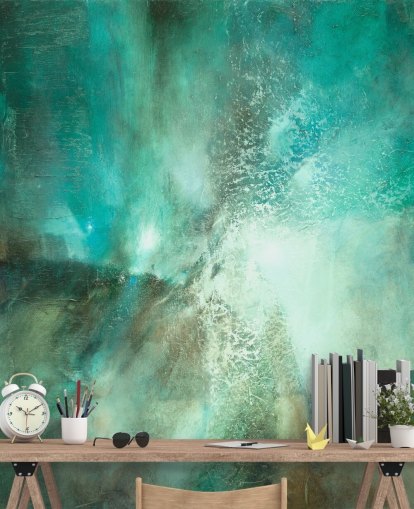 mural abstracto personalizable de color verde azulado llamado Translucent Terrain de Annette Schmucker para baños, dormitorios y cocinas