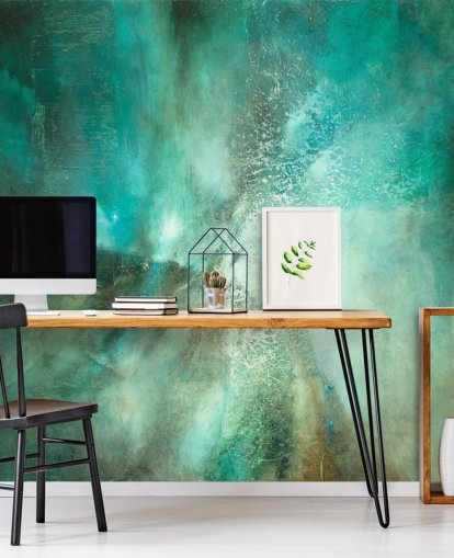 blauwgroen aanpasbare abstracte muurschildering genaamd Translucent Terrain van Annette Schmucker voor badkamers, slaapkamers en keukens blauwgroen aanpasbare abstracte muurschildering genaamd Translucent Terrain van Annette Schmucker voor badkamers, slaapkamers en keukens