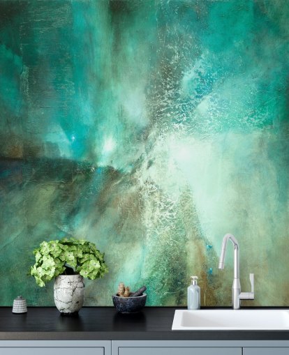 mural abstrato personalizável em azul-petróleo chamado Translucent Terrain, de Annette Schmucker, para banheiros, quartos e cozinhas