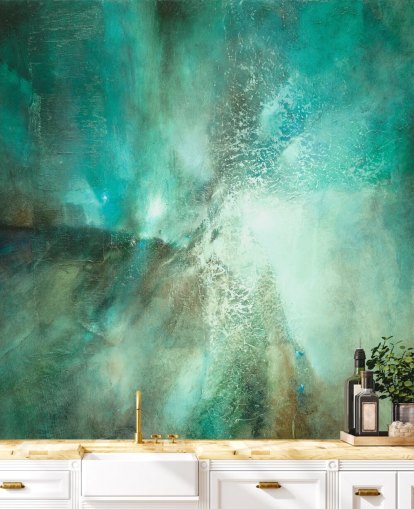 teal customisable abstract mural called Translucent Terrain by Annette Schmucker for bathrooms, bedrooms and kitchens