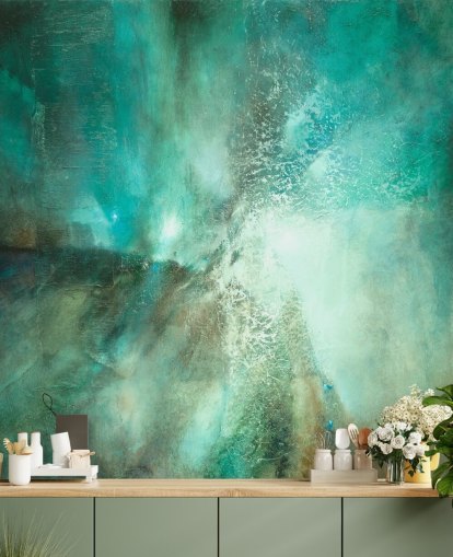 teal customisable abstract mural called Translucent Terrain by Annette Schmucker for bathrooms, bedrooms and kitchens