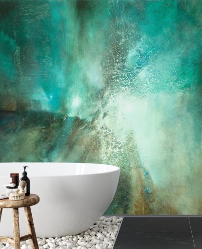peinture murale abstraite personnalisable bleu sarcelle appelée Translucent Terrain d'Annette Schmucker pour les salles de bain, les chambres et les cuisines