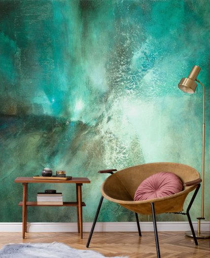 murale astratto personalizzabile color verde acqua chiamato Translucent Terrain di Annette Schmucker per bagni, camere da letto e cucine