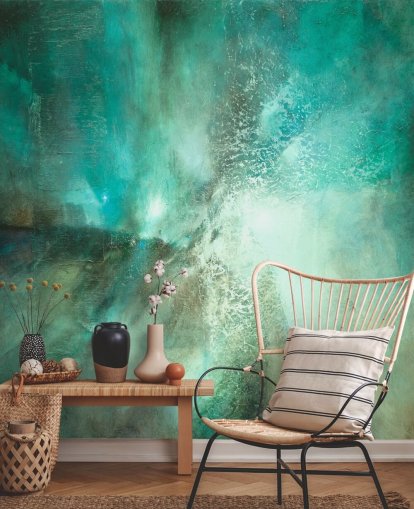 blauwgroen aanpasbare abstracte muurschildering genaamd Translucent Terrain van Annette Schmucker voor badkamers, slaapkamers en keukens blauwgroen aanpasbare abstracte muurschildering genaamd Translucent Terrain van Annette Schmucker voor badkamers, slaapkamers en keukens