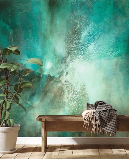 blågrön anpassningsbar abstrakt väggmålning kallad Translucent Terrain av Annette Schmucker för badrum, sovrum och kök