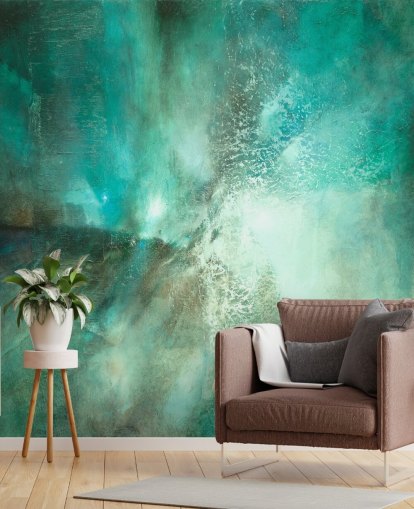 murale astratto personalizzabile color verde acqua chiamato Translucent Terrain di Annette Schmucker per bagni, camere da letto e cucine