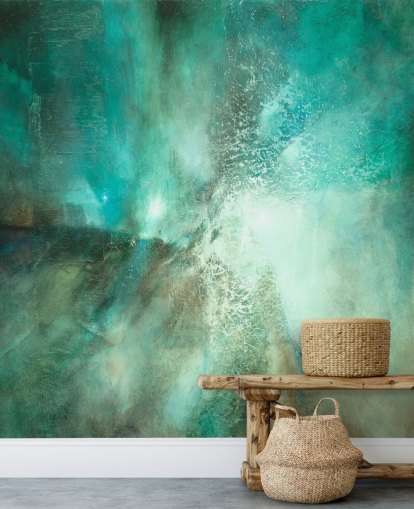 mural abstrato personalizável em azul-petróleo chamado Translucent Terrain, de Annette Schmucker, para banheiros, quartos e cozinhas