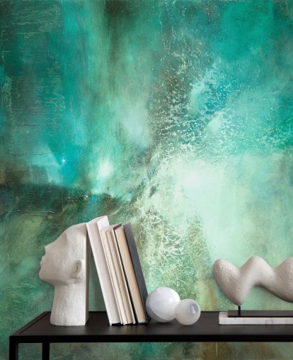 murale astratto personalizzabile color verde acqua chiamato Translucent Terrain di Annette Schmucker per bagni, camere da letto e cucine
