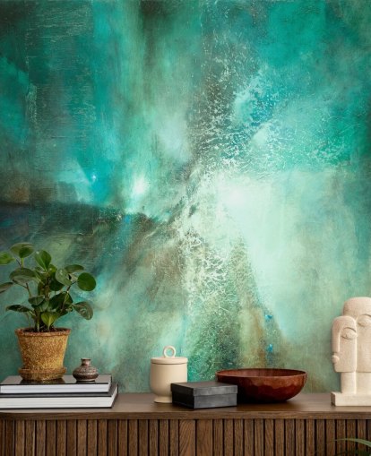 peinture murale abstraite personnalisable bleu sarcelle appelée Translucent Terrain d'Annette Schmucker pour les salles de bain, les chambres et les cuisines