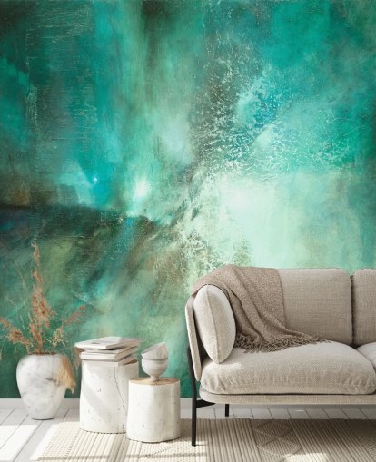 blauwgroen aanpasbare abstracte muurschildering genaamd Translucent Terrain van Annette Schmucker voor badkamers, slaapkamers en keukens blauwgroen aanpasbare abstracte muurschildering genaamd Translucent Terrain van Annette Schmucker voor badkamers, slaapkamers en keukens