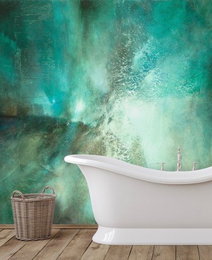 mural abstrato personalizável em azul-petróleo chamado Translucent Terrain, de Annette Schmucker, para banheiros, quartos e cozinhas