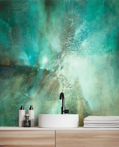 personalisierbares abstraktes Wandbild Translucent Terrain in Blaugrün von Annette Schmucker für Badezimmer, Schlafzimmer und Küchen