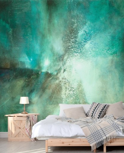 blågrön anpassningsbar abstrakt väggmålning kallad Translucent Terrain av Annette Schmucker för badrum, sovrum och kök