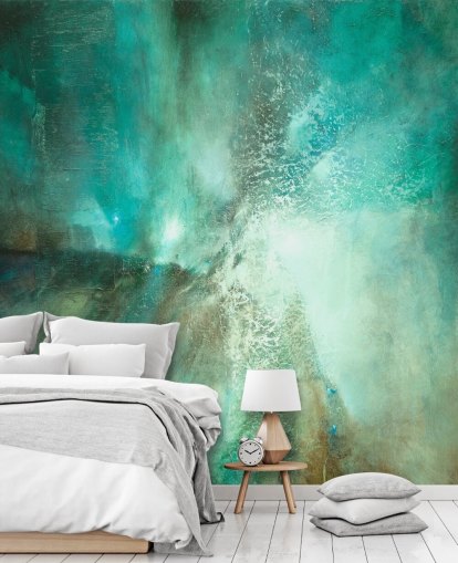 personalisierbares abstraktes Wandbild Translucent Terrain in Blaugrün von Annette Schmucker für Badezimmer, Schlafzimmer und Küchen