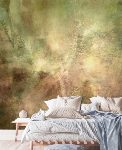 mural abstrato verde e marrom chamado Verdant Ground Inner Light de Annette Schmucker mural abstrato verde e marrom chamado Verdant Ground Inner Light de Annette Schmucker