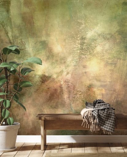 murale astratto verde e marrone chiamato Verdant Ground Inner Light di Annette Schmucker