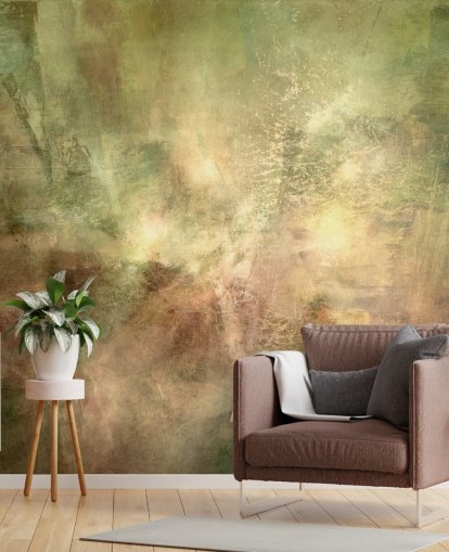 groene en bruine abstracte muurschildering genaamd Verdant Ground Inner Light van Annette Schmucker