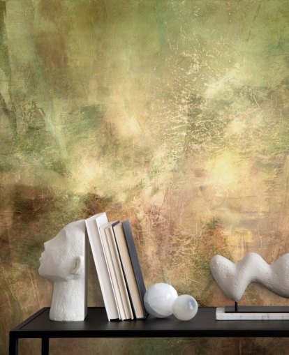 peinture murale abstraite verte et brune intitulée Verdant Ground Inner Light par Annette Schmucker peinture murale abstraite verte et brune intitulée Verdant Ground Inner Light par Annette Schmucker