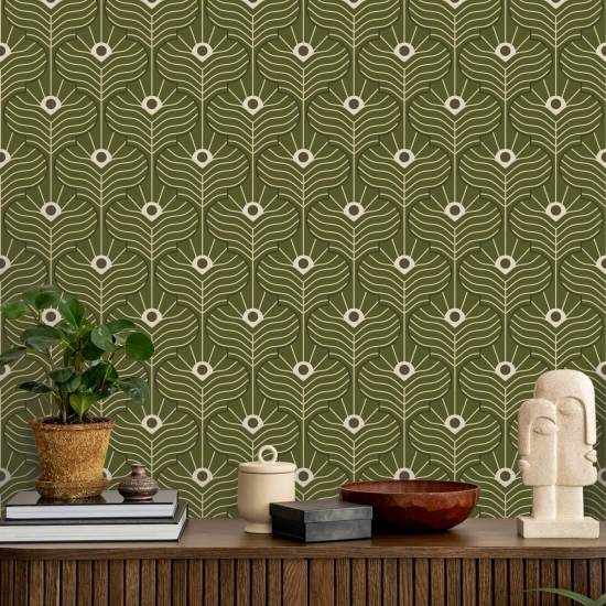 Moroccan Peacock Olive Wallpaper