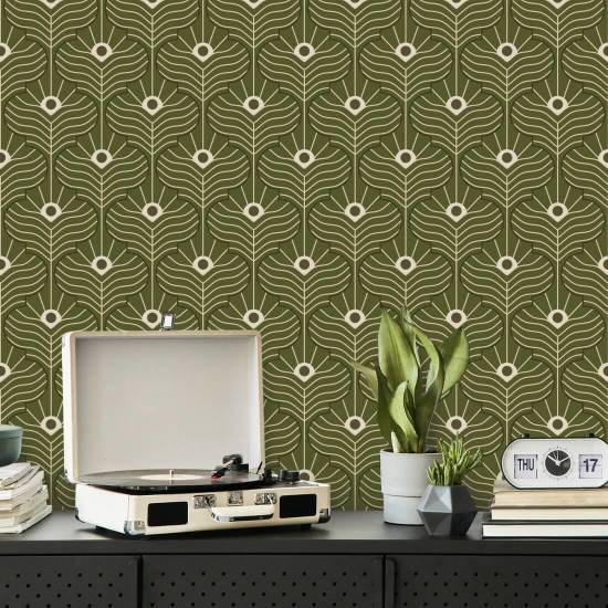 Moroccan Peacock Olive Wallpaper