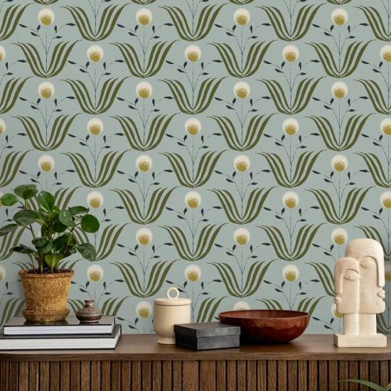 Spring Bloom Ash Blue Floral Wallpaper
