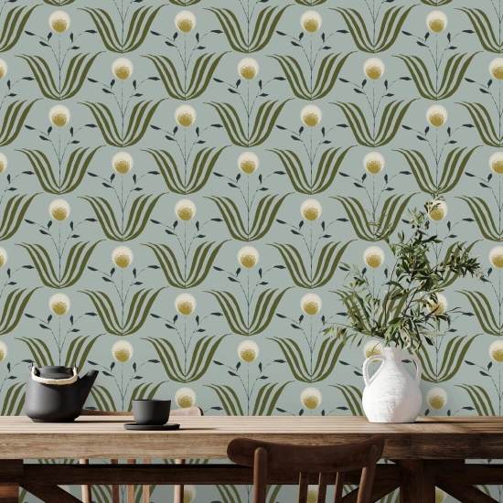 Spring Bloom Ash Blue Floral Wallpaper