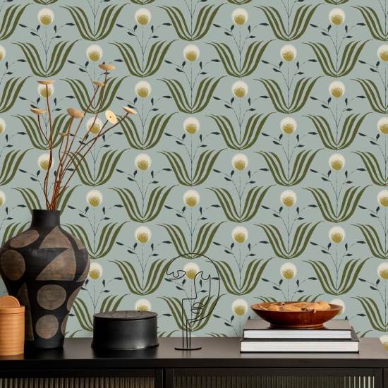 Floraison printanière Papier peint floral bleu cendré