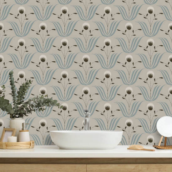 Floraison printanière Papier peint floral bleu ivoire
