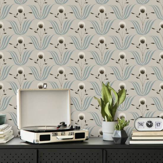 Spring Bloom Blue Ivory Floral Wallpaper
