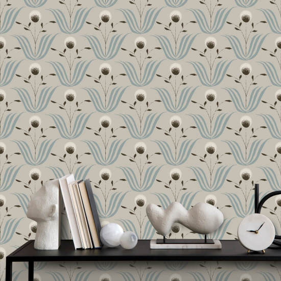 Spring Bloom Blue Ivory Floral Wallpaper