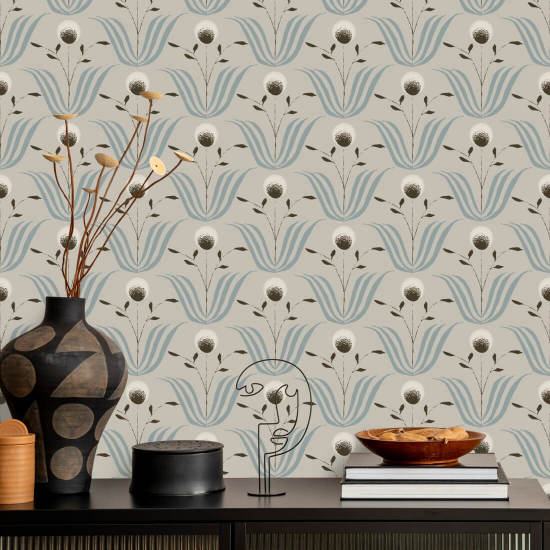 Floraison printanière Papier peint floral bleu ivoire