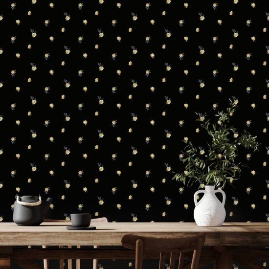 Miniature Roses Gold Floral Wallpaper