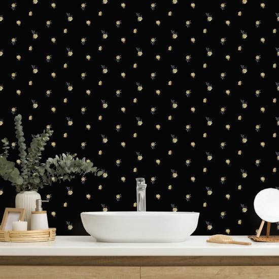 Miniature Roses Gold Floral Wallpaper