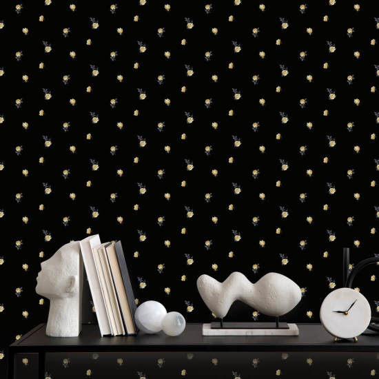 Miniature Roses Gold Floral Wallpaper