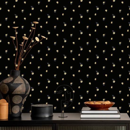 Miniature Roses Gold Floral Wallpaper