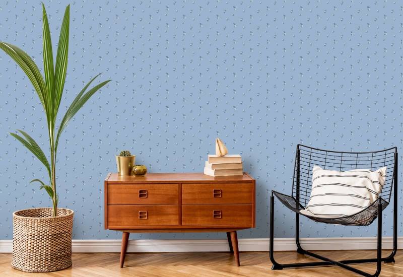 Miniature Roses Powered Blue Floral Wallpaper