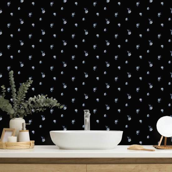 Miniature Roses Porcelain Blue Floral Wallpaper