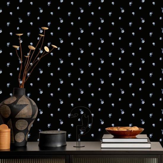 Rosas en miniatura Papel pintado floral azul de porcelana