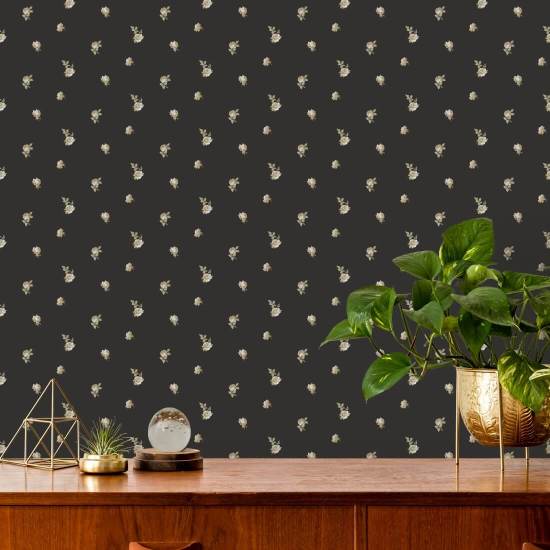 Miniature Roses Soot Black Floral Wallpaper