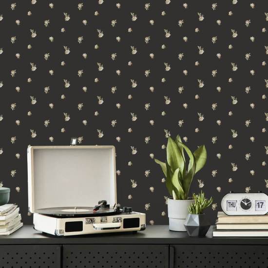 Miniature Roses Soot Black Floral Wallpaper